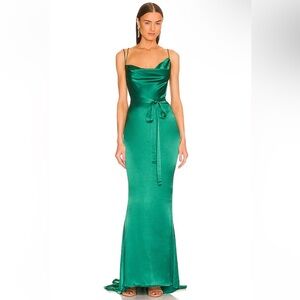 Michael Costello x REVOLVE Tonya Gown Green satin dress slip train evening M